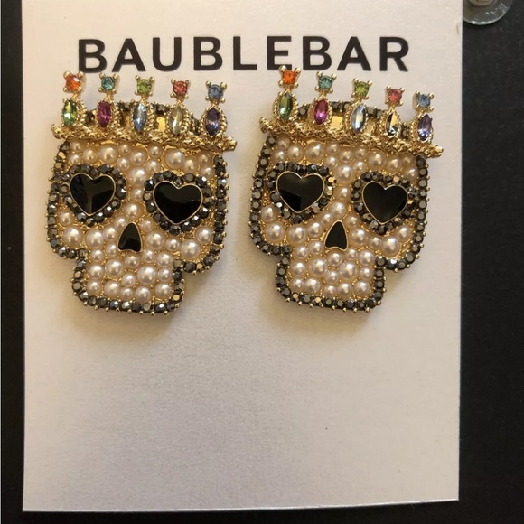 Baublebar Gold Tone Sugar Skull King Stud Drop Earrings Faux Pearl & Crystal NEW - Picture 4 of 11